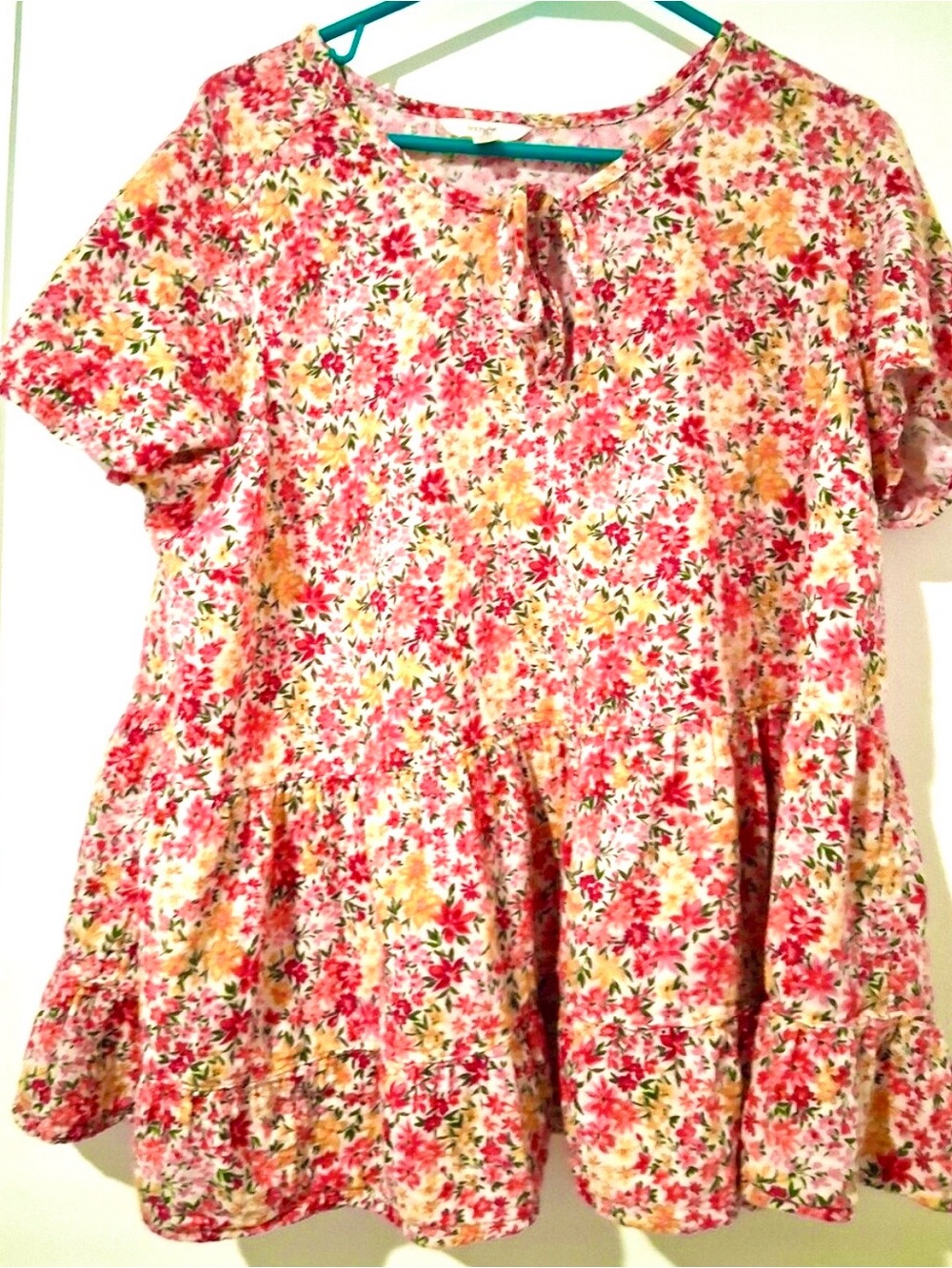 Womens Terra & Sky Vibrant Floral Pink Ruffle Bottom Top, 100% Cotton, Size 2X